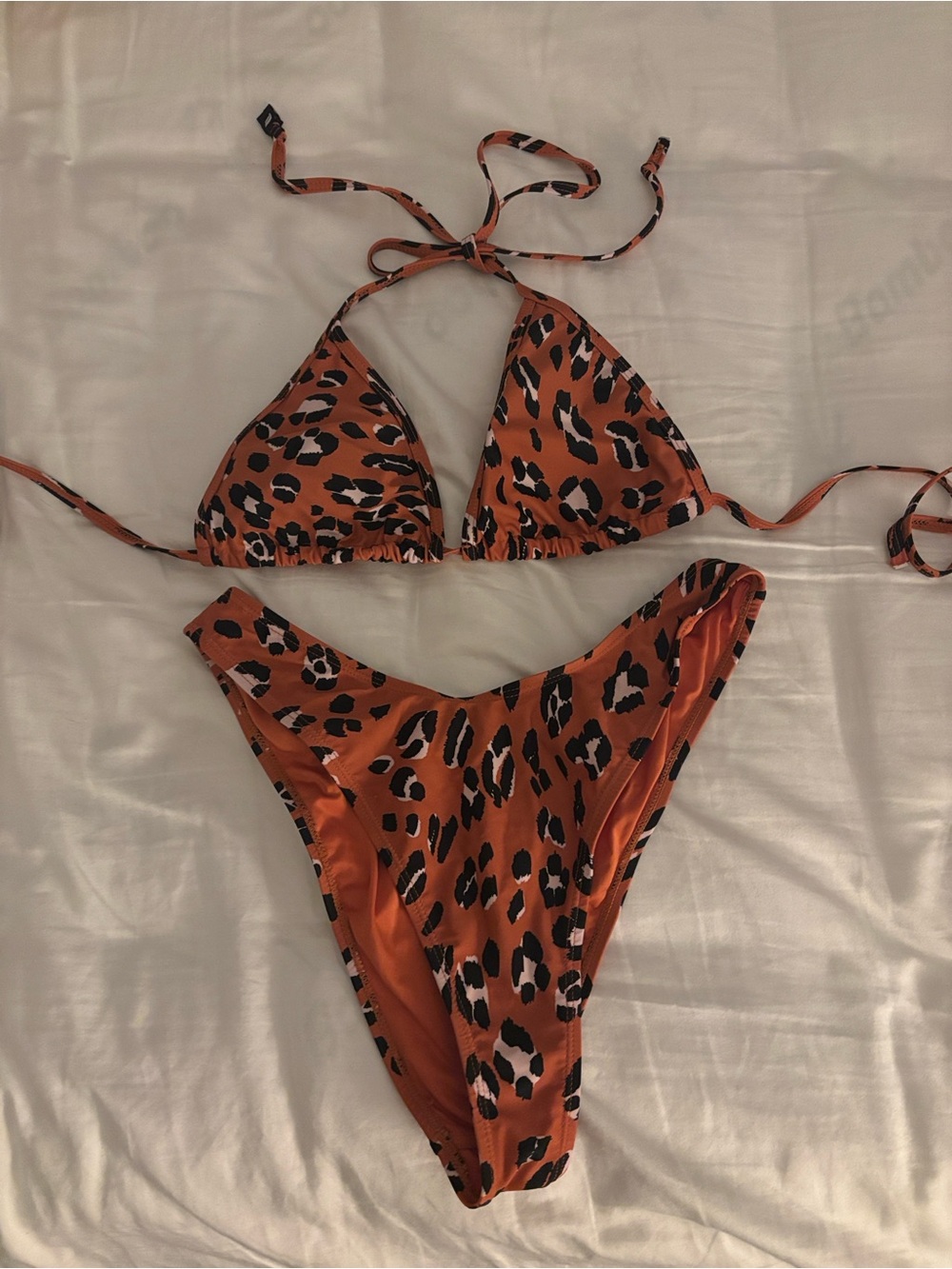 FABLETICS SWIM Burnt Orche Wavy Leo Triangle top and V cut bottoms S